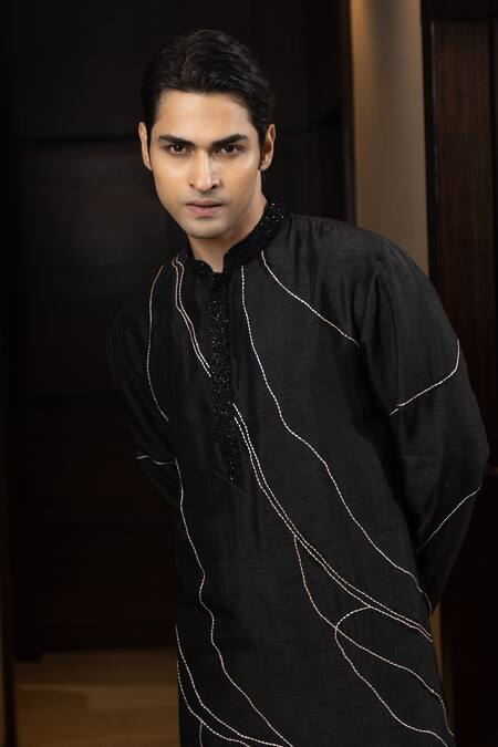 Shop Yoseba Black Bamboo, Cotton Pearls Stitch Line Embroidered Kurta And Pant Pyjama Set Online at Aza Fashions Shop_Yoseba_Black Bamboo, Cotton Pearls Stitch Line Embroidered Kurta And Pant Pyjama Set _Online_at_Aza_Fashions