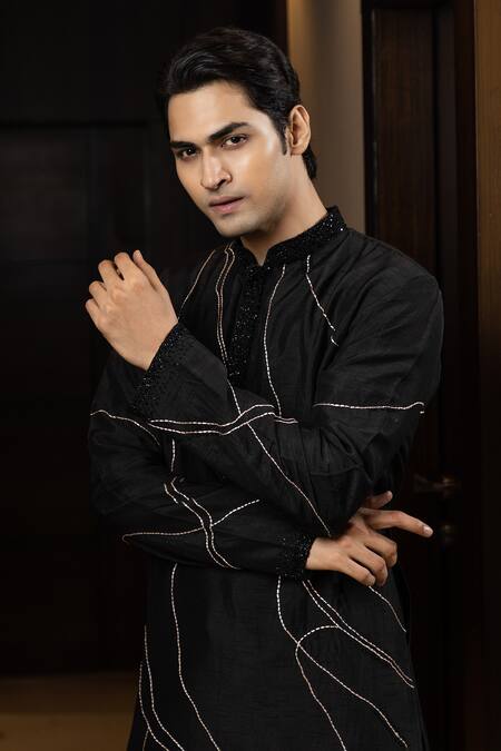 Yoseba Black Bamboo, Cotton Pearls Stitch Line Embroidered Kurta And Pant Pyjama Set at Aza Fashions Yoseba_Black Bamboo, Cotton Pearls Stitch Line Embroidered Kurta And Pant Pyjama Set _at_Aza_Fashions