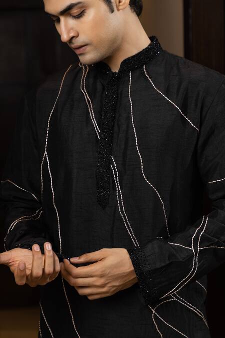 Buy Yoseba Black Bamboo, Cotton Pearls Stitch Line Embroidered Kurta And Pant Pyjama Set Buy_Yoseba_Black Bamboo, Cotton Pearls Stitch Line Embroidered Kurta And Pant Pyjama Set