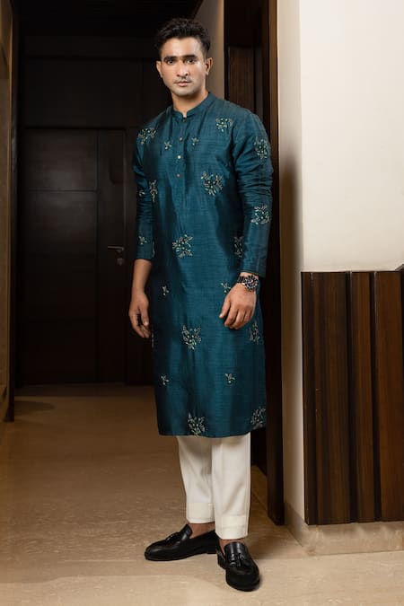 Yoseba_Blue Bamboo, Cotton Embroidery Motif Kurta Set _Online_at_Aza_Fashions