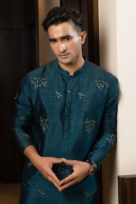 Shop_Yoseba_Blue Bamboo, Cotton Embroidery Motif Kurta Set _Online_at_Aza_Fashions