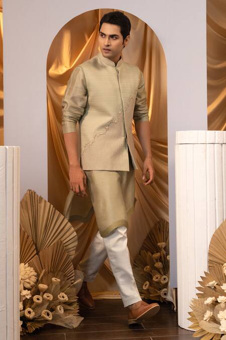 Yoseba Green Bamboo, Cotton Embroidery Bundi Kurta Set Online at Aza Fashions Yoseba_Green Bamboo, Cotton Embroidery Bundi Kurta Set _Online_at_Aza_Fashions