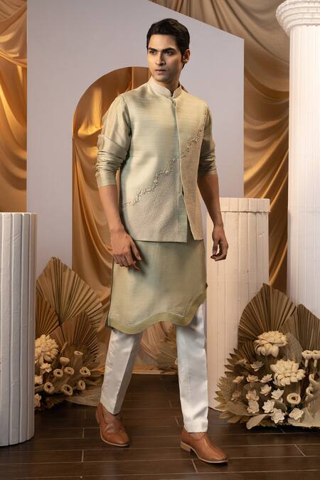 Buy Yoseba Green Bamboo, Cotton Embroidery Bundi Kurta Set Online at Aza Fashions Buy_Yoseba_Green Bamboo, Cotton Embroidery Bundi Kurta Set _Online_at_Aza_Fashions