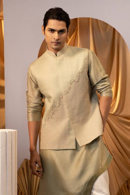 Shop Yoseba Green Bamboo, Cotton Embroidery Bundi Kurta Set Online at Aza Fashions Shop_Yoseba_Green Bamboo, Cotton Embroidery Bundi Kurta Set _Online_at_Aza_Fashions