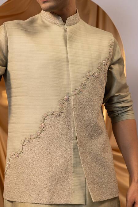 Yoseba Green Bamboo, Cotton Embroidery Bundi Kurta Set at Aza Fashions Yoseba_Green Bamboo, Cotton Embroidery Bundi Kurta Set _at_Aza_Fashions