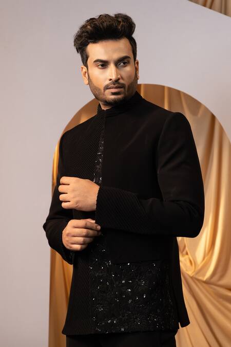 Yoseba_Black Cotton Embroidery Floral Bandhgala And Trouser Set _Online_at_Aza_Fashions