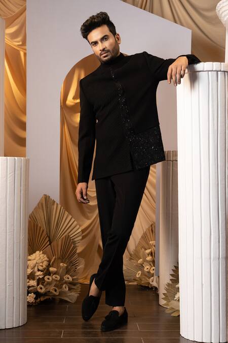 Buy_Yoseba_Black Cotton Embroidery Floral Bandhgala And Trouser Set _Online_at_Aza_Fashions