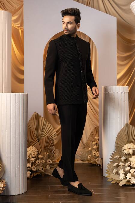 Shop_Yoseba_Black Cotton Embroidery Floral Bandhgala And Trouser Set _Online_at_Aza_Fashions