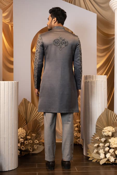 Yoseba Geometric Embroidered Achkan & Trouser Set 