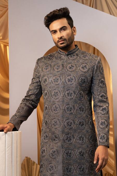 Buy_Yoseba_Gray Linen, Satin Embroidery Geometric Achkan And Trouser Set _Online_at_Aza_Fashions