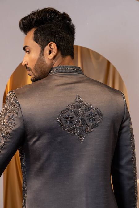 Shop_Yoseba_Gray Linen, Satin Embroidery Geometric Achkan And Trouser Set _Online_at_Aza_Fashions