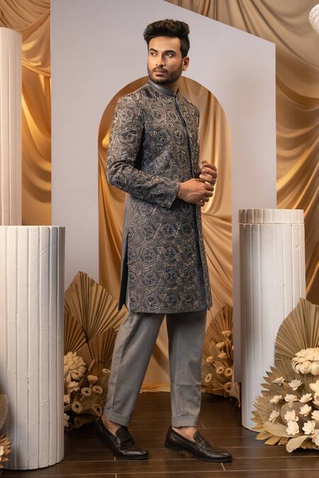 Yoseba_Gray Linen, Satin Embroidery Geometric Achkan And Trouser Set _at_Aza_Fashions