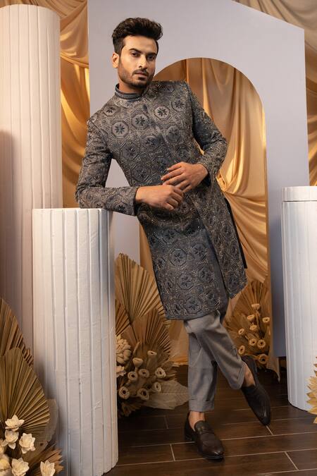 Buy_Yoseba_Gray Linen, Satin Embroidery Geometric Achkan And Trouser Set 