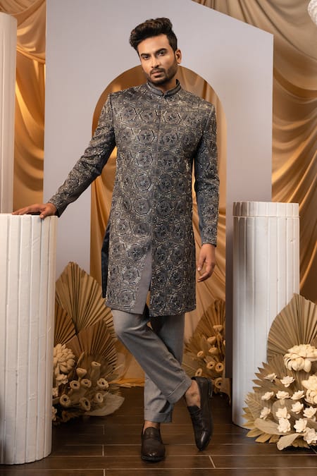 Yoseba Geometric Embroidered Achkan & Trouser Set 