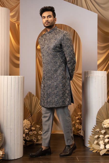 Shop_Yoseba_Gray Linen, Satin Embroidery Geometric Achkan And Trouser Set 