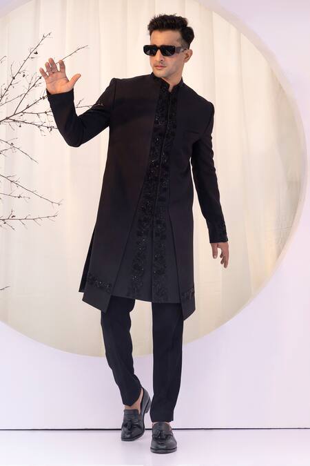 Buy Yoseba Black Cotton, Polyester Cut Work Embroidered Achkan And Trouser Set Online at Aza Fashions Buy_Yoseba_Black Cotton, Polyester Cut Work Embroidered Achkan And Trouser Set _Online_at_Aza_Fashions