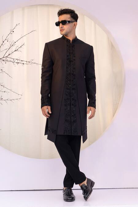 Shop Yoseba Black Cotton, Polyester Cut Work Embroidered Achkan And Trouser Set Online at Aza Fashions Shop_Yoseba_Black Cotton, Polyester Cut Work Embroidered Achkan And Trouser Set _Online_at_Aza_Fashions