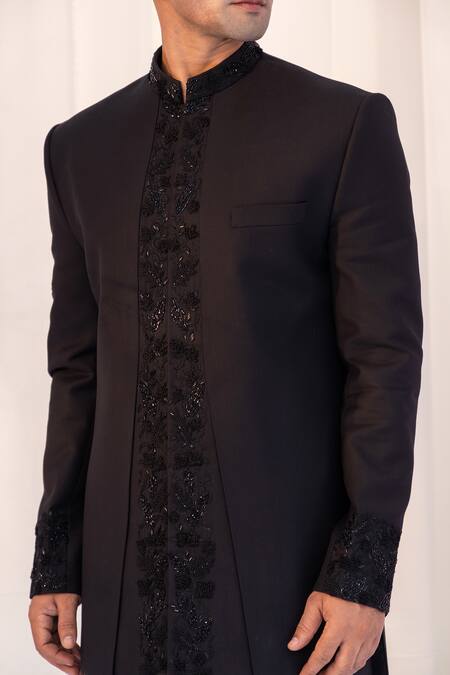 Yoseba Black Cotton, Polyester Cut Work Embroidered Achkan And Trouser Set at Aza Fashions Yoseba_Black Cotton, Polyester Cut Work Embroidered Achkan And Trouser Set _at_Aza_Fashions