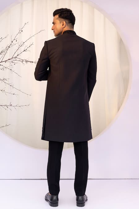 Yoseba Black Cotton, Polyester Cut Work Embroidered Achkan And Trouser Set Online at Aza Fashions Yoseba_Black Cotton, Polyester Cut Work Embroidered Achkan And Trouser Set _Online_at_Aza_Fashions