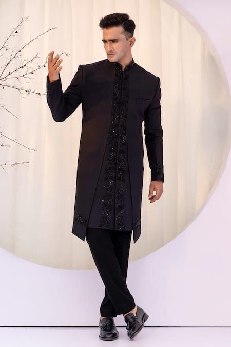 Yoseba Black Cotton, Polyester Cut Work Embroidered Achkan And Trouser Set 