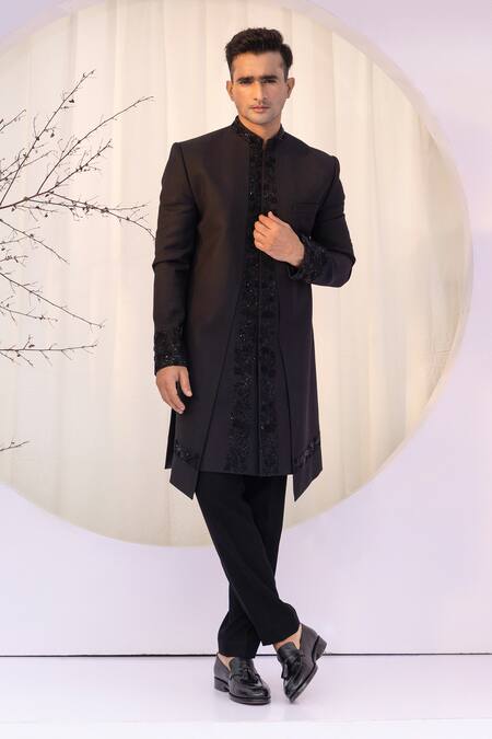 Buy Yoseba Black Cotton, Polyester Cut Work Embroidered Achkan And Trouser Set Buy_Yoseba_Black Cotton, Polyester Cut Work Embroidered Achkan And Trouser Set