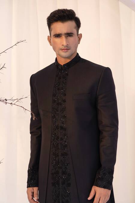 Shop Yoseba Black Cotton, Polyester Cut Work Embroidered Achkan And Trouser Set Shop_Yoseba_Black Cotton, Polyester Cut Work Embroidered Achkan And Trouser Set