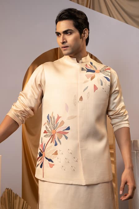 Yoseba Beige Linen, Satin, Cotton Embroidery Floral Bundi Kurta Set Online at Aza Fashions Yoseba_Beige Linen, Satin, Cotton Embroidery Floral Bundi Kurta Set _Online_at_Aza_Fashions
