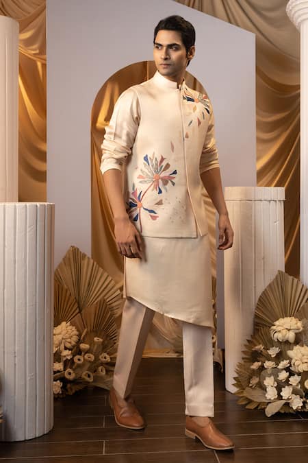 Buy Yoseba Beige Linen, Satin, Cotton Embroidery Floral Bundi Kurta Set Online at Aza Fashions Buy_Yoseba_Beige Linen, Satin, Cotton Embroidery Floral Bundi Kurta Set _Online_at_Aza_Fashions