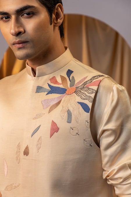 Shop Yoseba Beige Linen, Satin, Cotton Embroidery Floral Bundi Kurta Set Online at Aza Fashions Shop_Yoseba_Beige Linen, Satin, Cotton Embroidery Floral Bundi Kurta Set _Online_at_Aza_Fashions