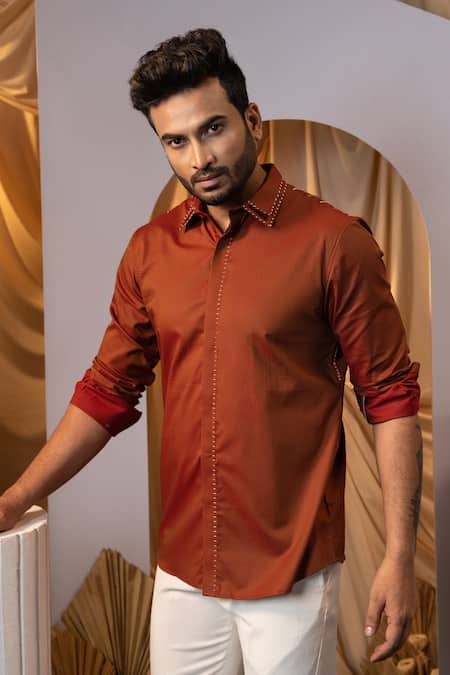 Yoseba Brown Cotton Embroidery Rust Stitchline Shirt Online at Aza Fashions Yoseba_Brown Cotton Embroidery Rust Stitchline Shirt _Online_at_Aza_Fashions