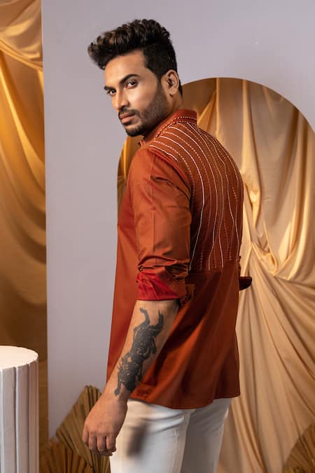 Buy Yoseba Brown Cotton Embroidery Rust Stitchline Shirt Online at Aza Fashions Buy_Yoseba_Brown Cotton Embroidery Rust Stitchline Shirt _Online_at_Aza_Fashions