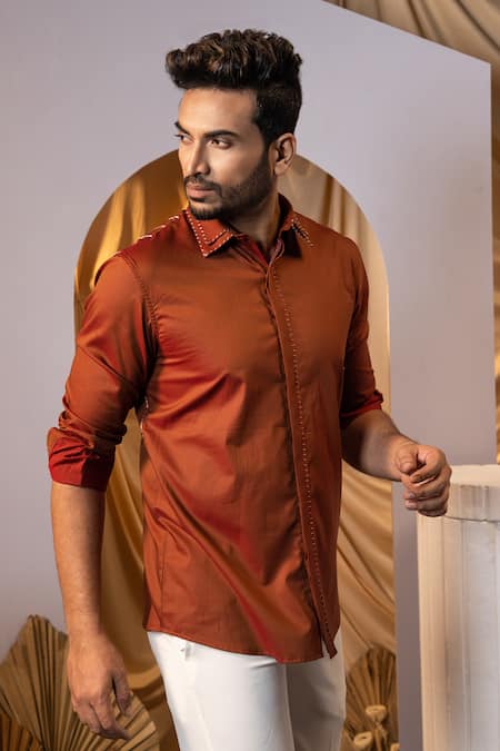 Shop Yoseba Brown Cotton Embroidery Rust Stitchline Shirt Online at Aza Fashions Shop_Yoseba_Brown Cotton Embroidery Rust Stitchline Shirt _Online_at_Aza_Fashions