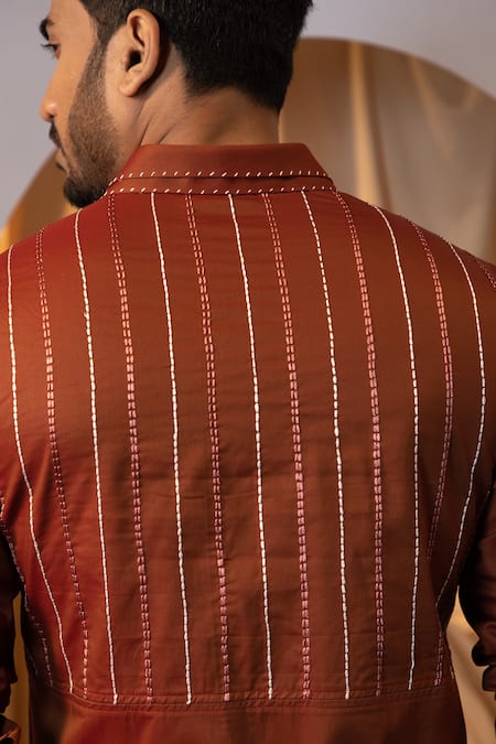 Yoseba Brown Cotton Embroidery Rust Stitchline Shirt at Aza Fashions Yoseba_Brown Cotton Embroidery Rust Stitchline Shirt _at_Aza_Fashions