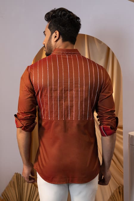 Shop Yoseba Brown Cotton Embroidery Rust Stitchline Shirt at Aza Fashions Shop_Yoseba_Brown Cotton Embroidery Rust Stitchline Shirt _at_Aza_Fashions