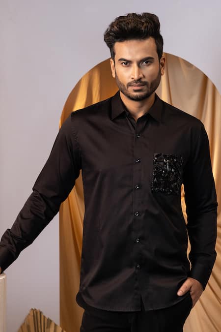 Yoseba_Black Cotton Embroidery Leather Pocket Shirt _Online_at_Aza_Fashions
