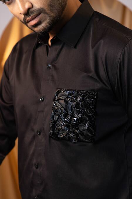 Buy_Yoseba_Black Cotton Embroidery Leather Pocket Shirt _Online_at_Aza_Fashions