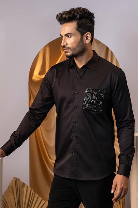 Shop_Yoseba_Black Cotton Embroidery Leather Pocket Shirt _Online_at_Aza_Fashions