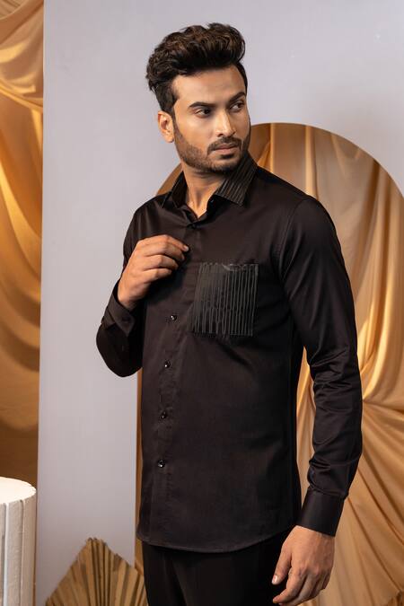 Shop Yoseba Black Cotton Designer Highlighted Collar Shirt Online at Aza Fashions Shop_Yoseba_Black Cotton Designer Highlighted Collar Shirt _Online_at_Aza_Fashions