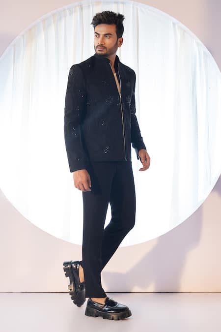 Buy Yoseba Black Cotton, Polyester Embroidery Bomber Jacket And Trouser Set Online at Aza Fashions Buy_Yoseba_Black Cotton, Polyester Embroidery Bomber Jacket And Trouser Set _Online_at_Aza_Fashions