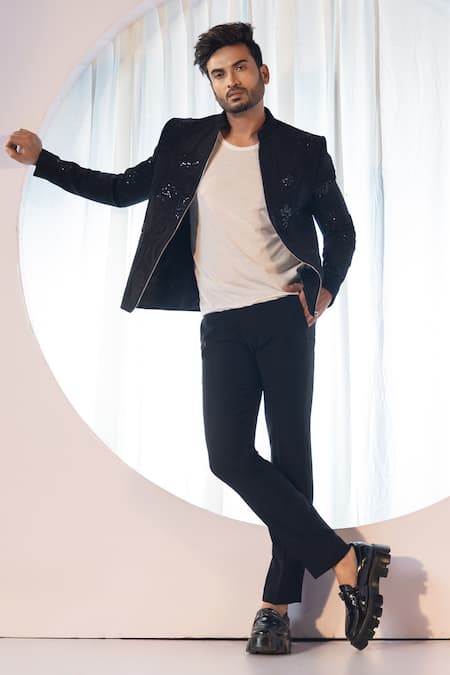 Shop Yoseba Black Cotton, Polyester Embroidery Bomber Jacket And Trouser Set Online at Aza Fashions Shop_Yoseba_Black Cotton, Polyester Embroidery Bomber Jacket And Trouser Set _Online_at_Aza_Fashions