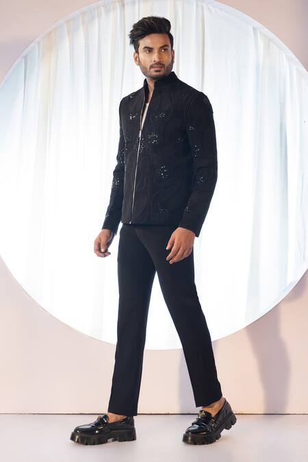 Yoseba Black Cotton, Polyester Embroidery Bomber Jacket And Trouser Set at Aza Fashions Yoseba_Black Cotton, Polyester Embroidery Bomber Jacket And Trouser Set _at_Aza_Fashions