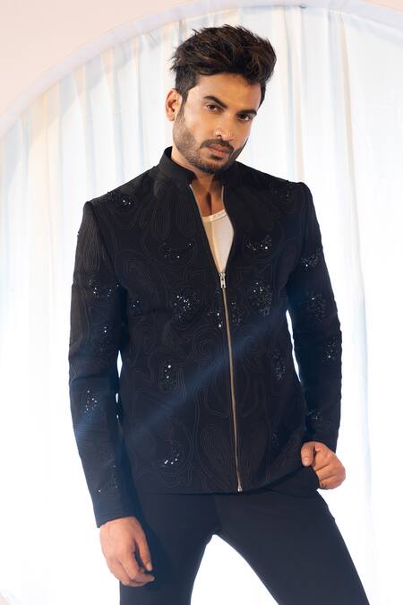 Shop Yoseba Black Cotton, Polyester Embroidery Bomber Jacket And Trouser Set Shop_Yoseba_Black Cotton, Polyester Embroidery Bomber Jacket And Trouser Set