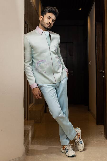 Buy_Yoseba_Blue Linen, Satin Embroidery Pastel Thread Jacket And Trouser Set _Online_at_Aza_Fashions