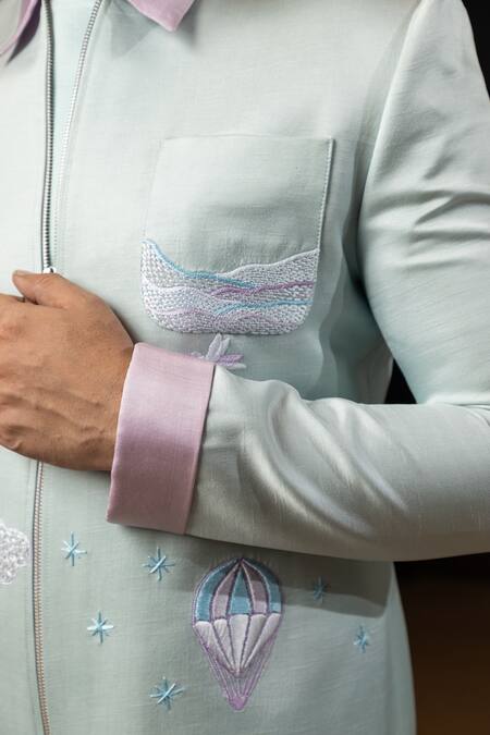 Shop_Yoseba_Blue Linen, Satin Embroidery Pastel Thread Jacket And Trouser Set _Online_at_Aza_Fashions