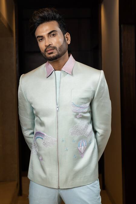 Yoseba_Blue Linen, Satin Embroidery Pastel Thread Jacket And Trouser Set _at_Aza_Fashions