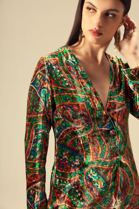 Reena Sharma_Multi Color Viscose, Velvet V-neck Abstract Printed Jacket And Flared Pant Set _Online_at_Aza_Fashions