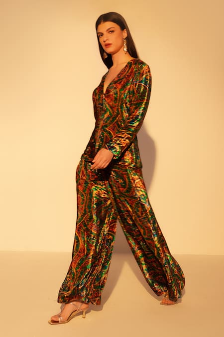 Shop_Reena Sharma_Multi Color Viscose, Velvet V-neck Abstract Printed Jacket And Flared Pant Set _Online_at_Aza_Fashions