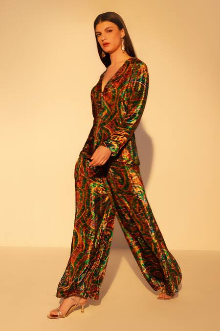 Reena Sharma_Multi Color Viscose, Velvet V-neck Abstract Printed Jacket And Flared Pant Set _at_Aza_Fashions
