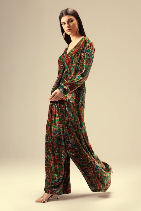 Buy_Reena Sharma_Multi Color Viscose, Velvet V-neck Abstract Printed Jacket And Flared Pant Set 