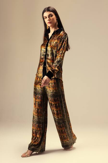 Reena Sharma_Green Viscose, Velvet Collared Printed And Multi Color Shirt Pant Set _Online_at_Aza_Fashions